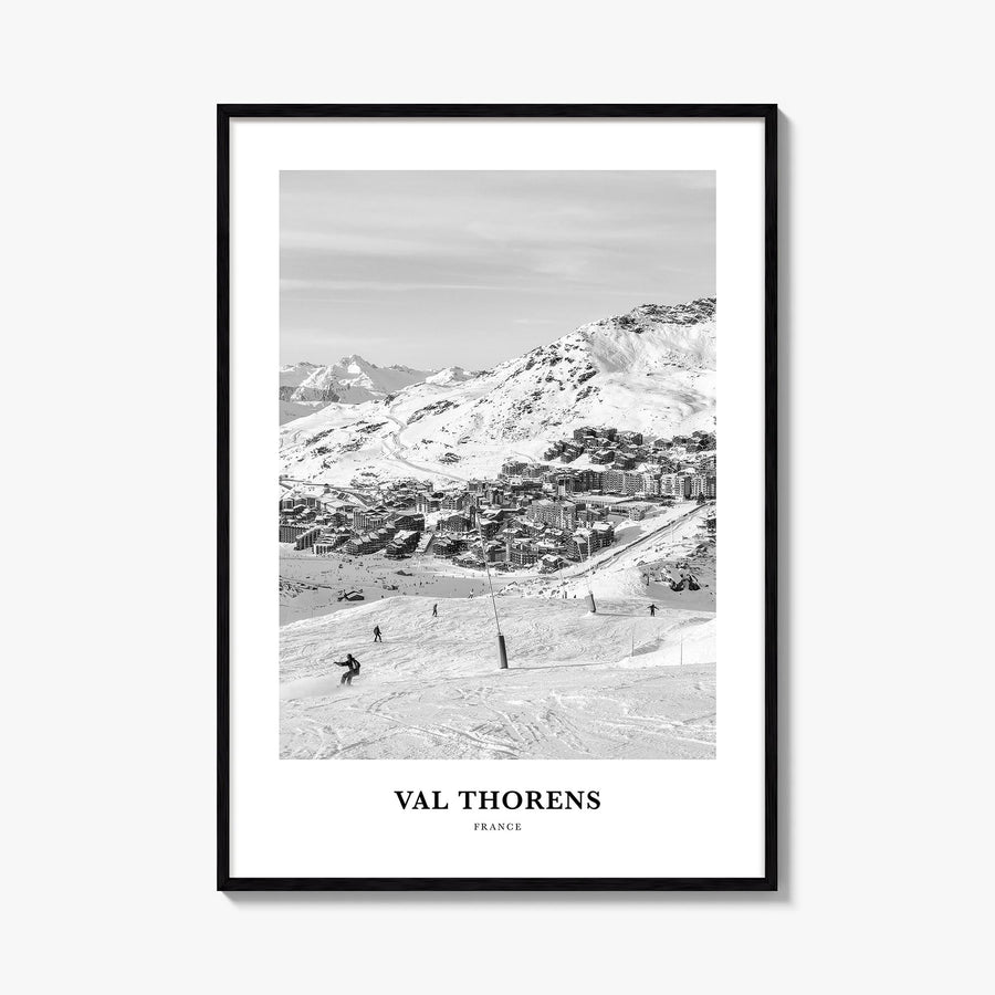 Val Thorens black & white classic poster of France – vertical wall art, unframed print shown in interior mockup