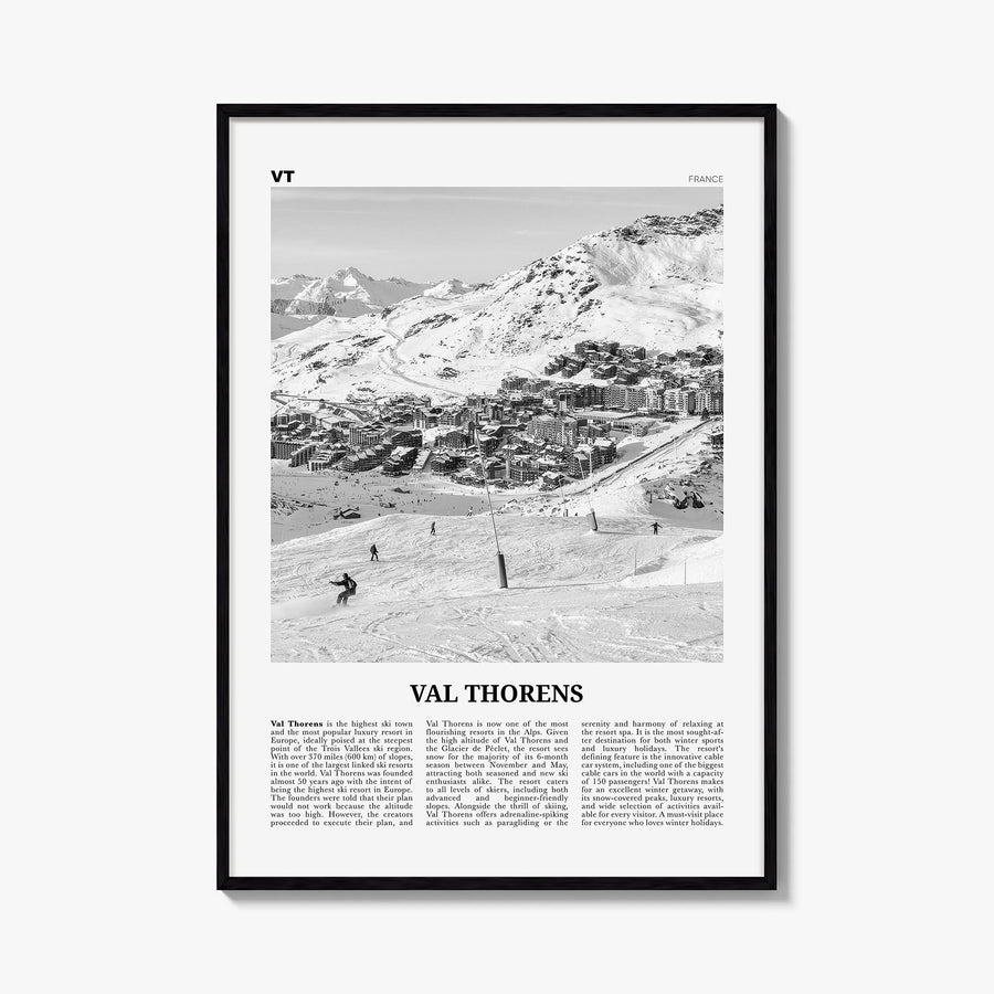 Val Thorens black & white newspaper poster of France – vertical wall art, unframed print shown in interior mockup