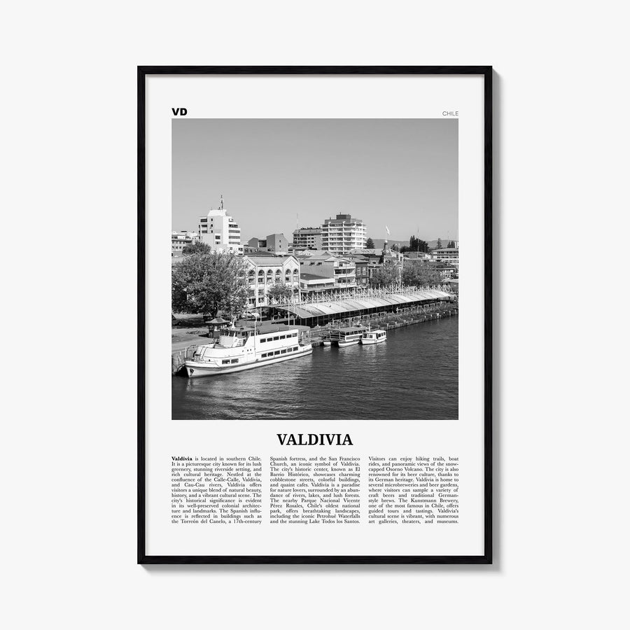 Valdivia black & white newspaper poster of Chile – vertical wall art, unframed print shown in interior mockup