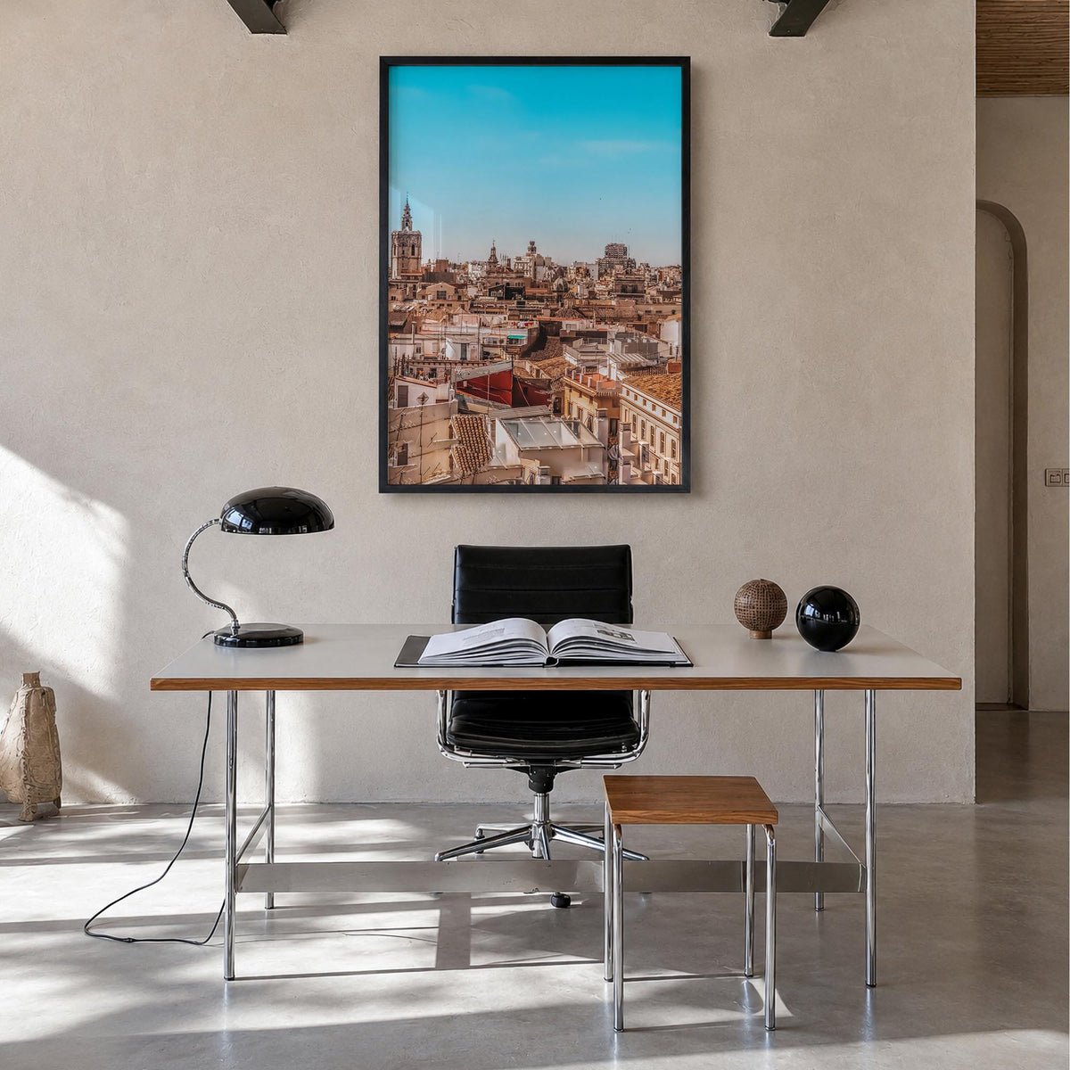 Valencia colorful photo poster of Spain – vertical wall art in black wood frame, hanging on wall