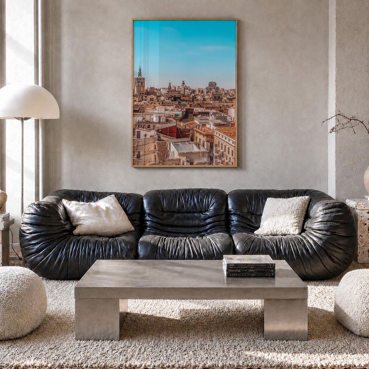 Valencia colorful photo poster of Spain – vertical wall art in natural wood frame, hanging on wall