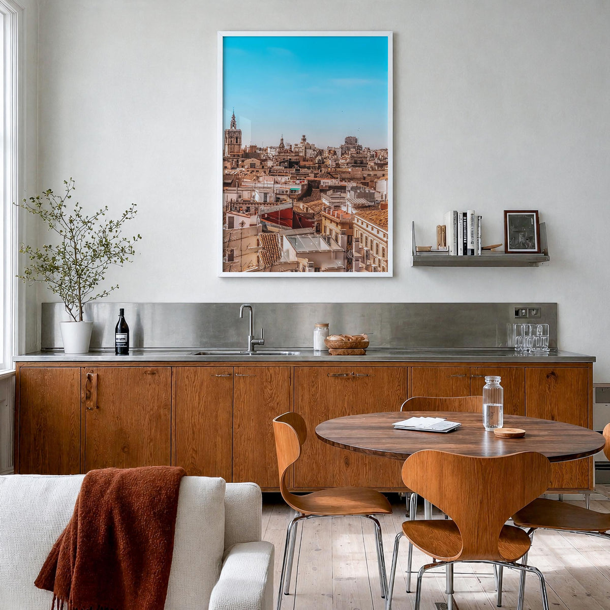 Valencia colorful photo poster of Spain – vertical wall art in white wood frame, hanging on wall