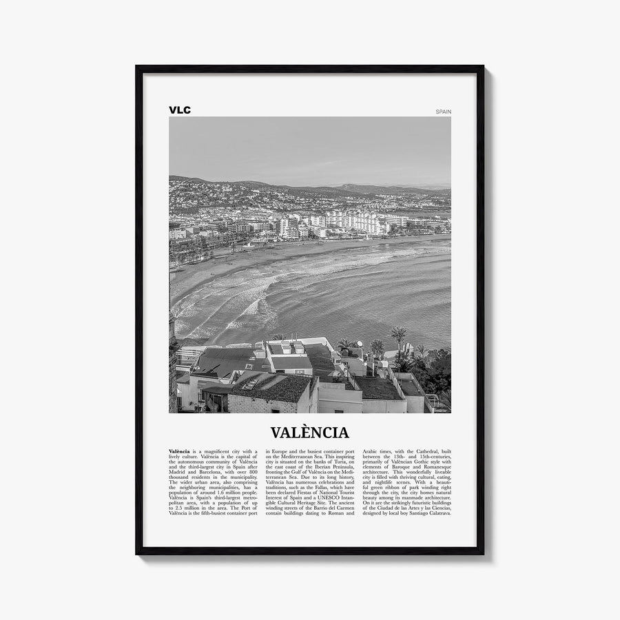 Valencia no. 1 black & white newspaper poster of Spain – vertical wall art, unframed print shown in interior mockup