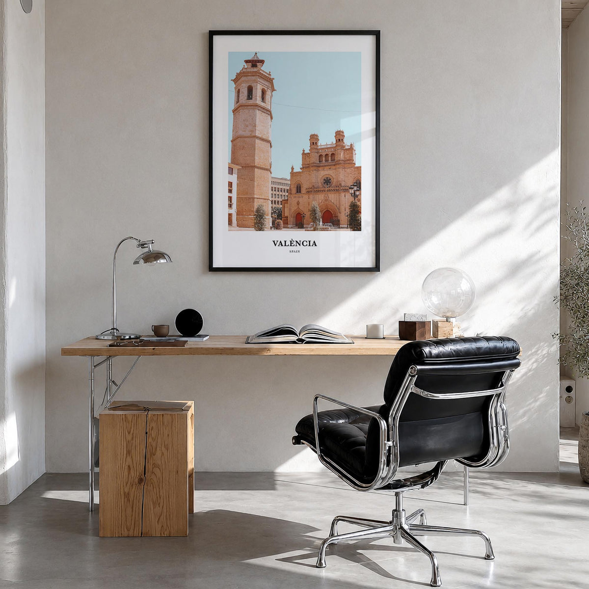 Valencia no. 1 colorful classic poster of Spain – vertical wall art in black wood frame, hanging on wall