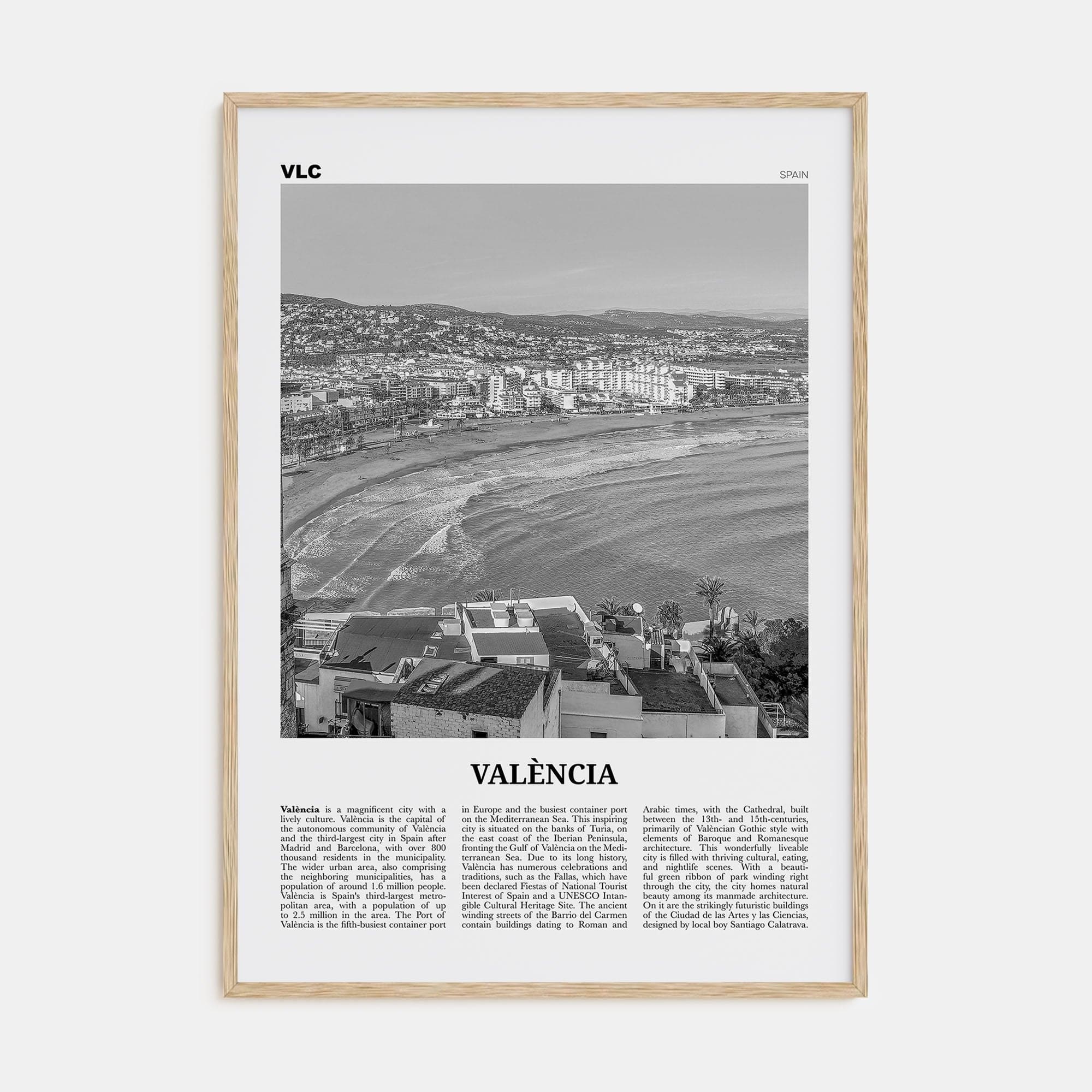 Valencia No 1 Poster Natural Wood / 8x12 in Nbourhood Travel B&W Poster