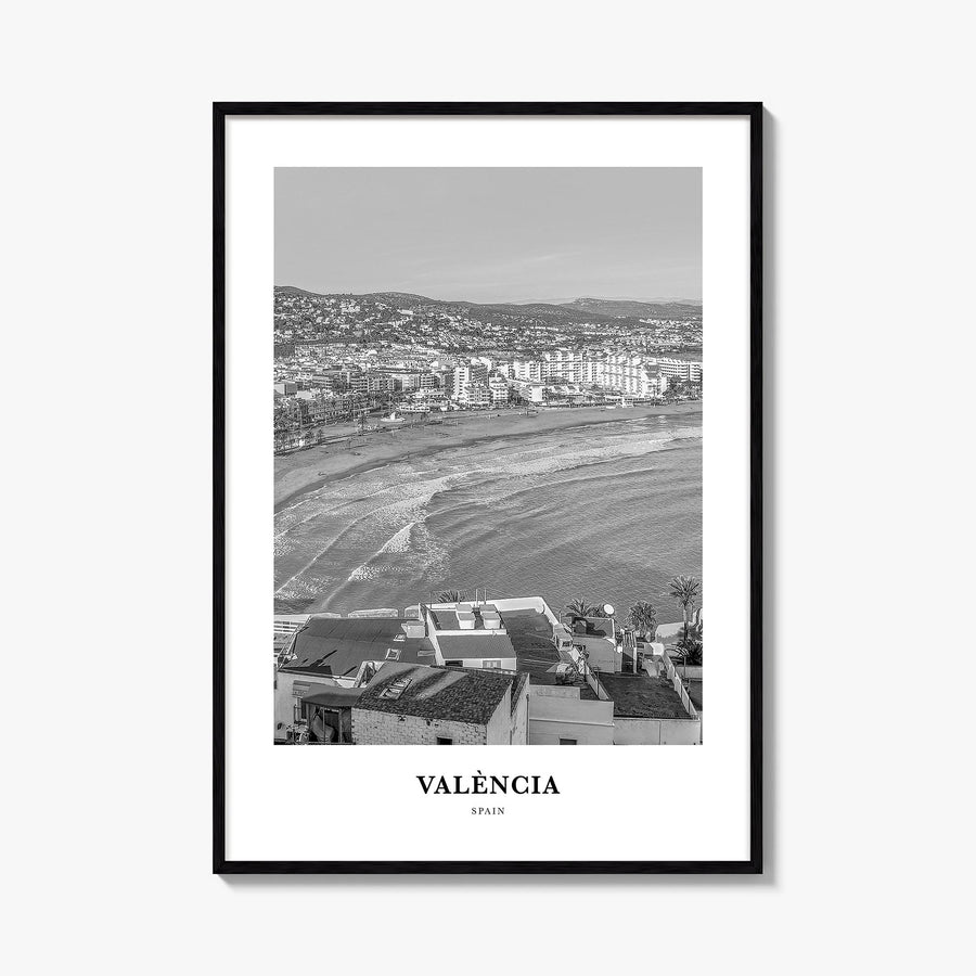 Valencia no. 2 black & white classic poster of Spain – vertical wall art, unframed print shown in interior mockup