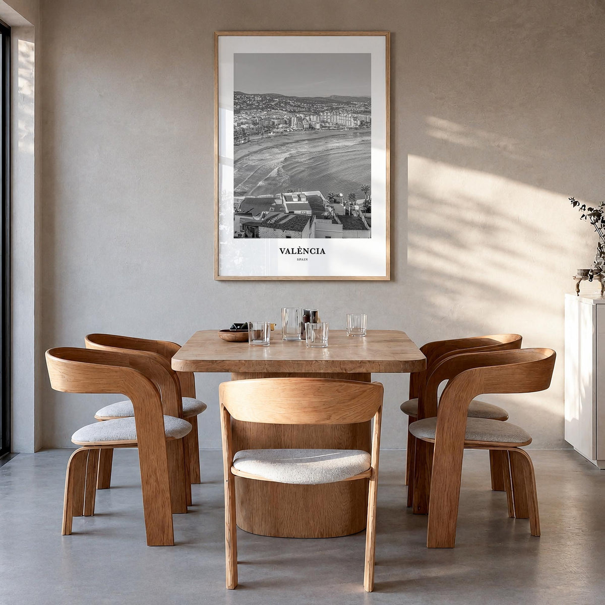 Valencia no. 2 black & white classic poster of Spain – vertical wall art in natural wood frame, hanging on wall