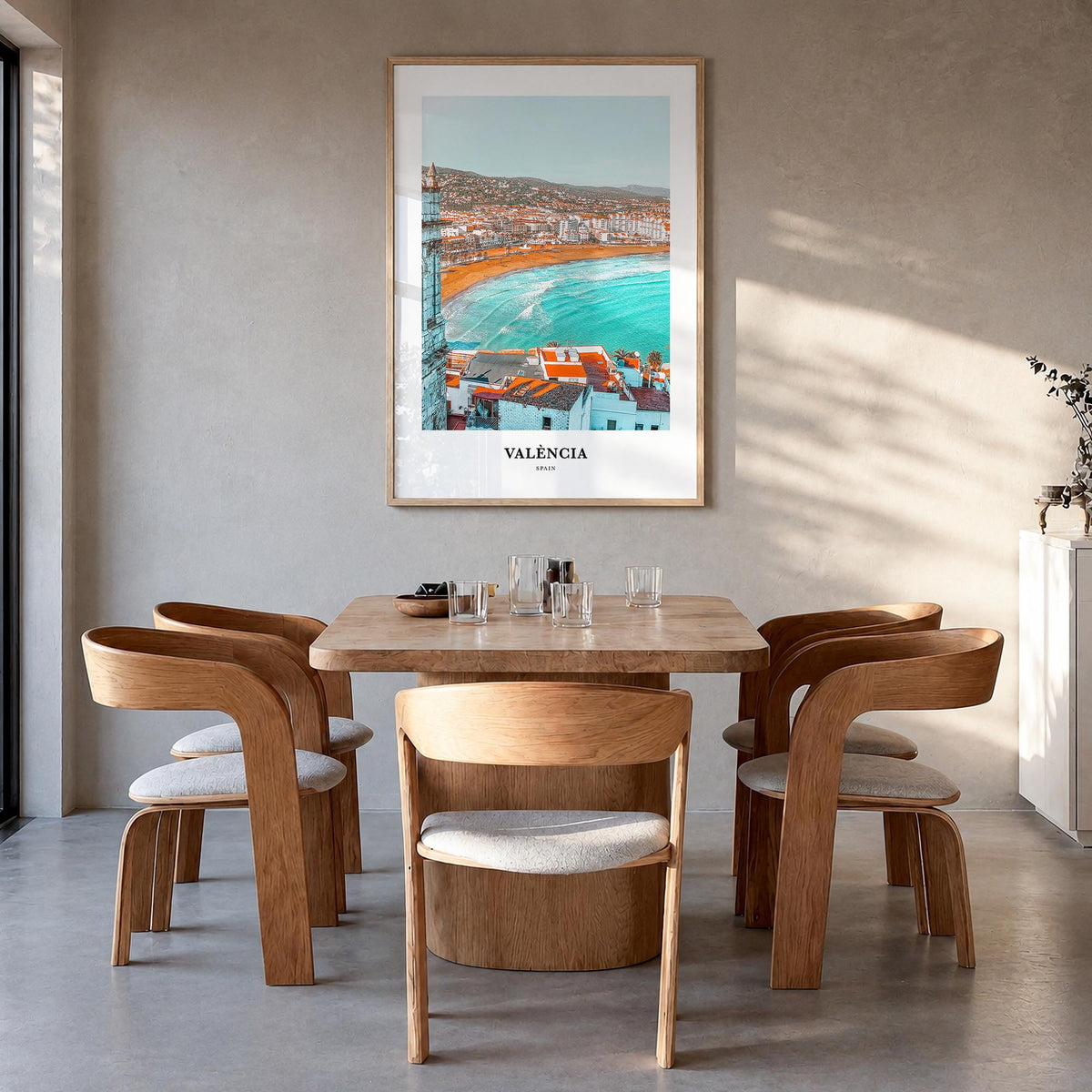 Valencia no. 2 colorful classic poster of Spain – vertical wall art in natural wood frame, hanging on wall