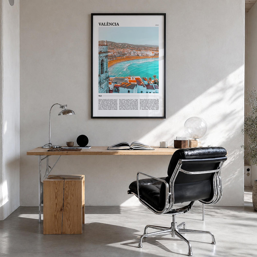 Valencia no. 2 colorful travel poster of Spain – vertical wall art in black wood frame, hanging on wall