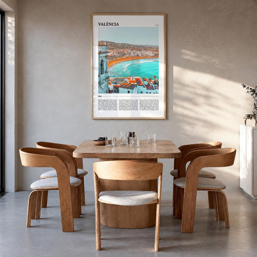 Valencia no. 2 colorful travel poster of Spain – vertical wall art in natural wood frame, hanging on wall