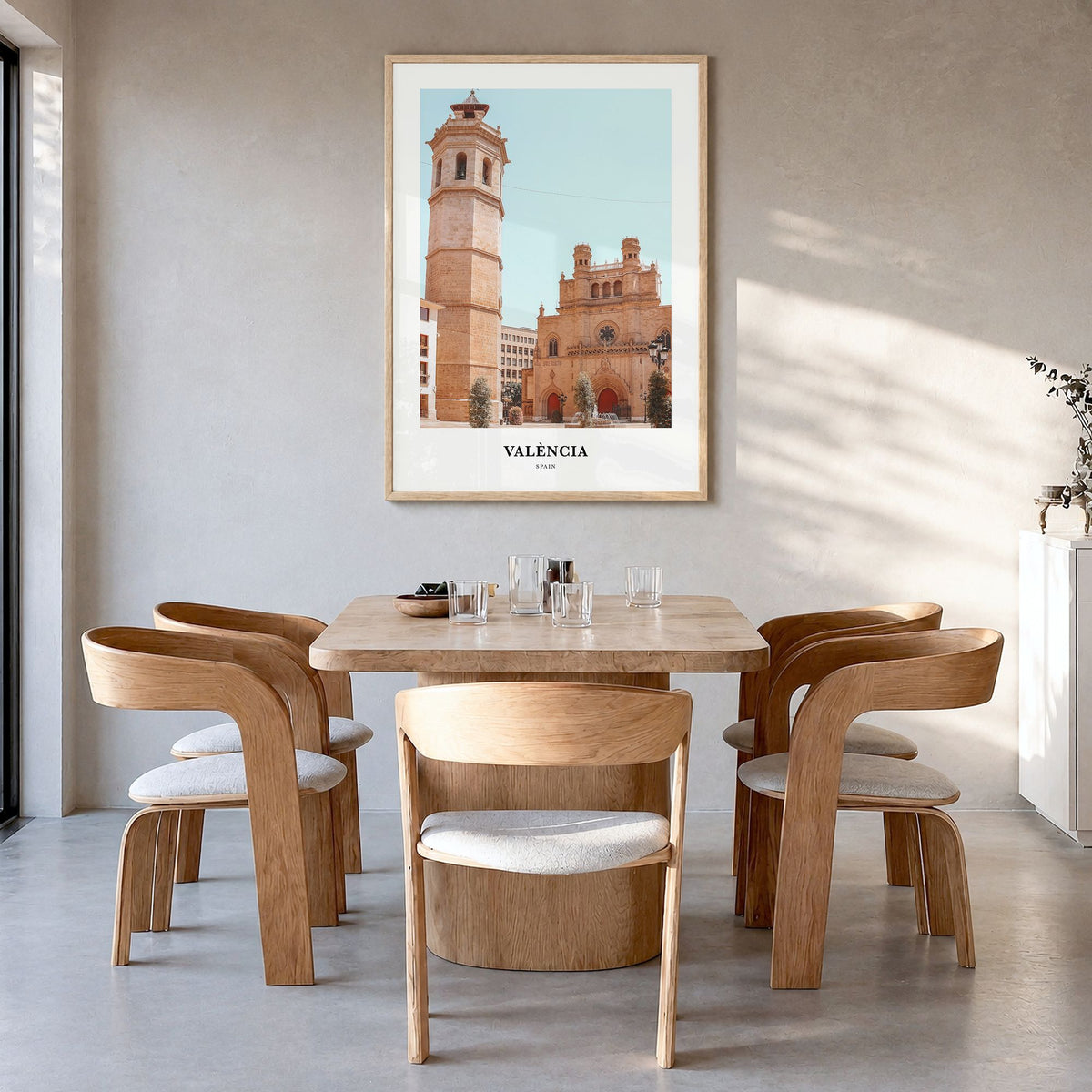 Valencia Classic No 1 Poster in a natural wood frame, hanging in a dining room