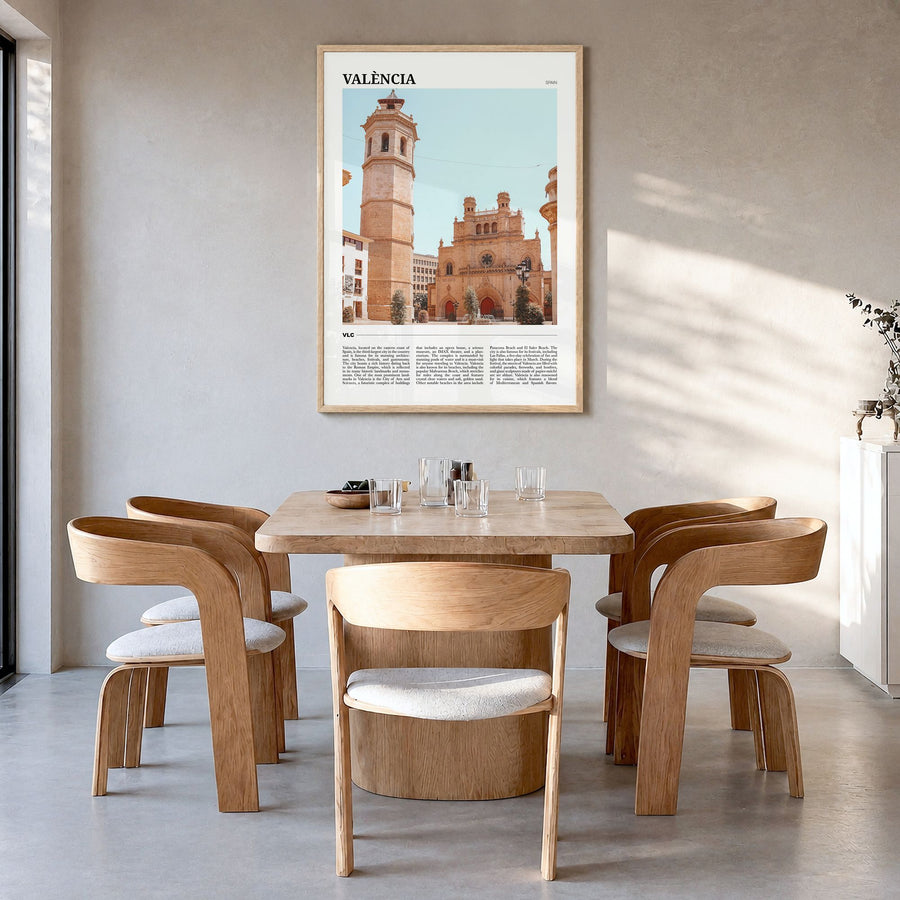 Valencia Travel No 1 Poster in a natural wood frame, hanging in a dining room