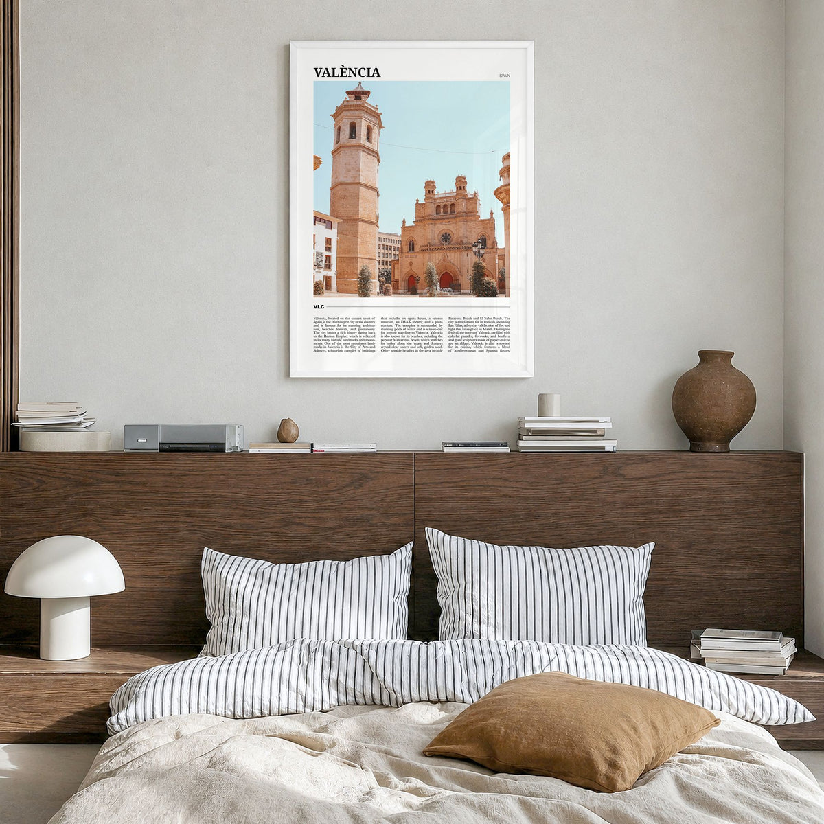 Valencia Travel No 1 Poster in a white wood frame, hanging in a bedroom