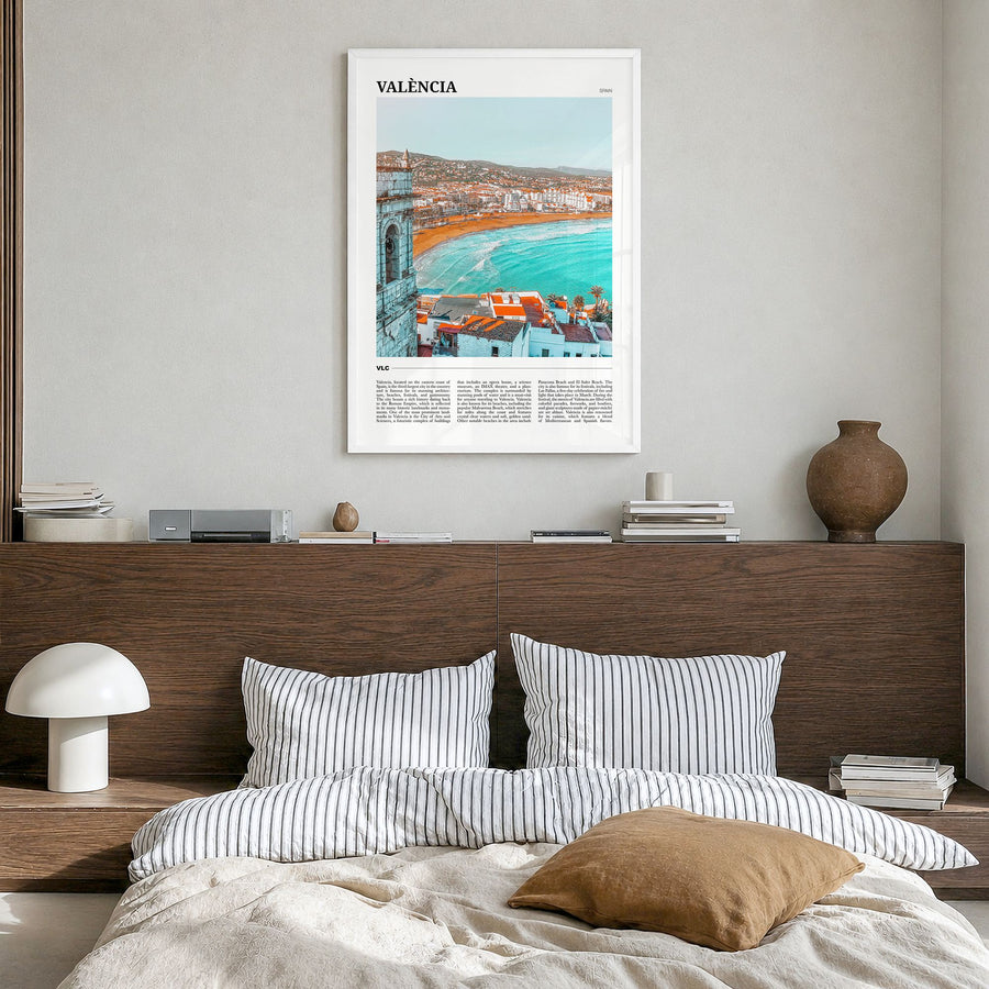 Valencia Travel No 2 Poster in a white wood frame, hanging in a bedroom