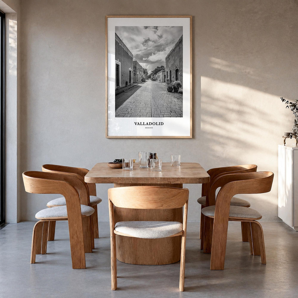 Valladolid, Mexico black & white classic poster of Mexico – vertical wall art in natural wood frame, hanging on wall