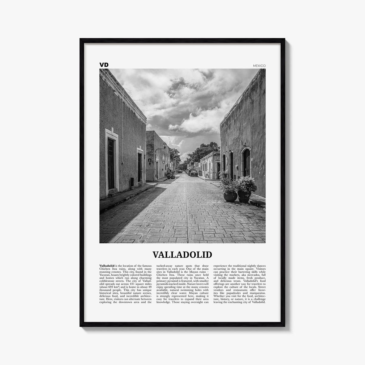 Valladolid, Mexico black & white newspaper poster of Mexico – vertical wall art, unframed print shown in interior mockup