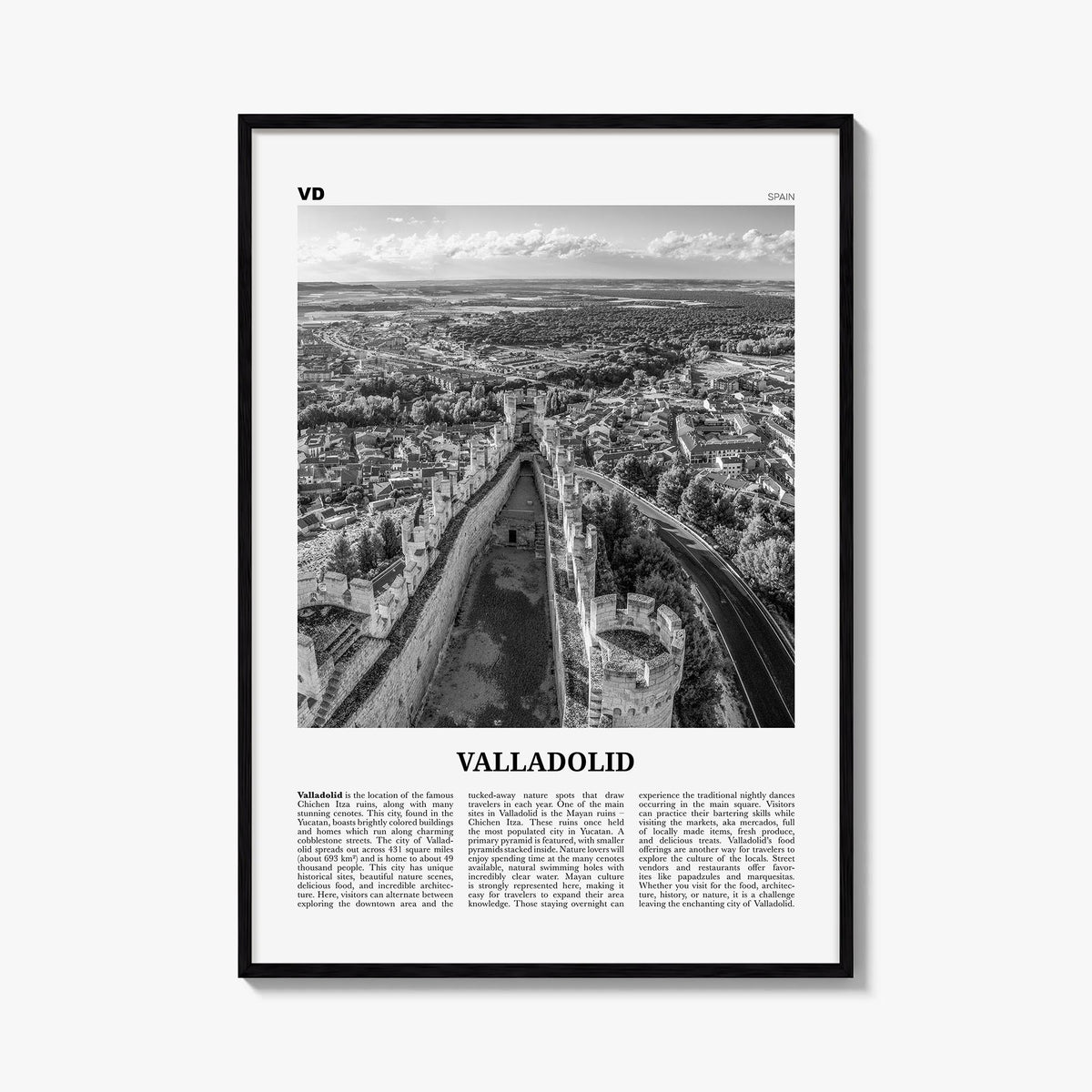 Valladolid, Spain black & white newspaper poster of Spain – vertical wall art, unframed print shown in interior mockup