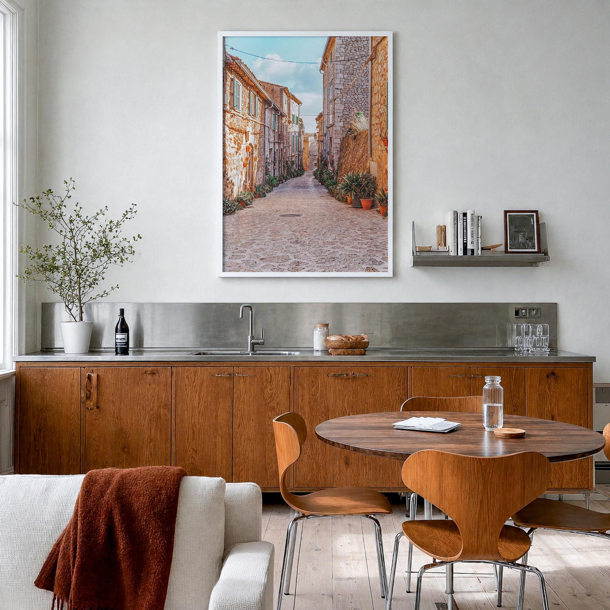 Valldemossa colorful photo poster of Spain – vertical wall art in white wood frame, hanging on wall