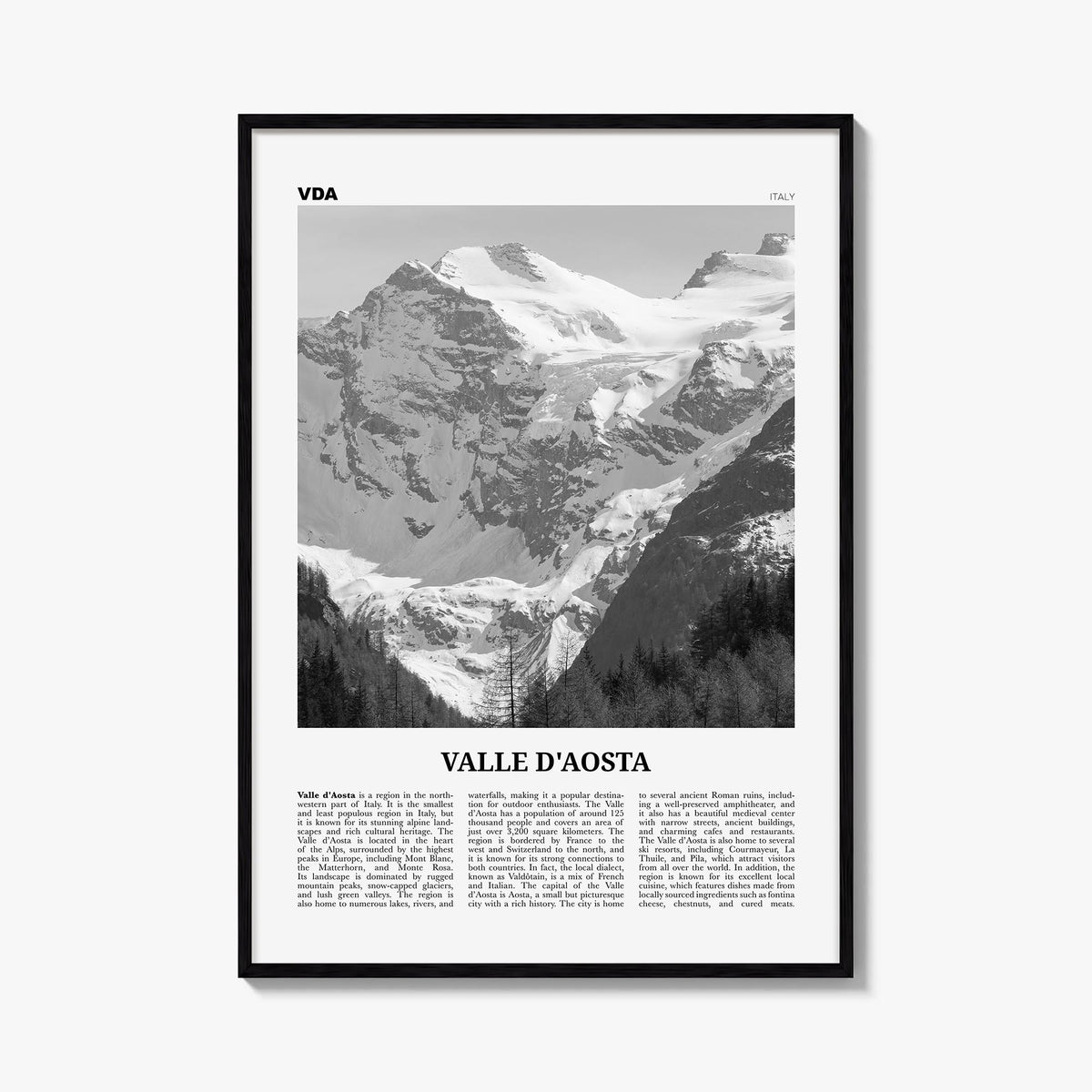 Valle d'Aosta black & white newspaper poster of Italy – vertical wall art, unframed print shown in interior mockup