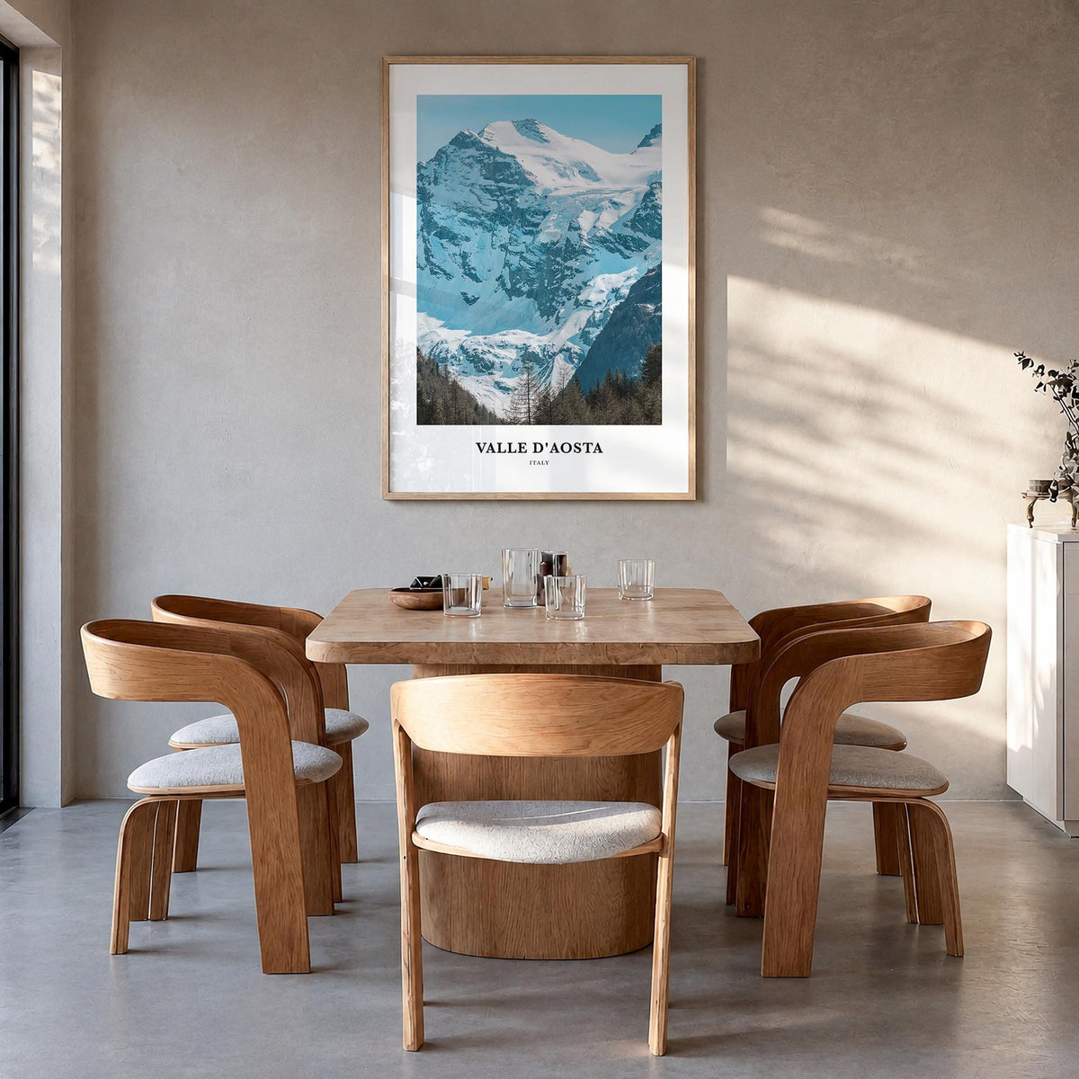 Valle d'Aosta colorful classic poster of Italy – vertical wall art in natural wood frame, hanging on wall