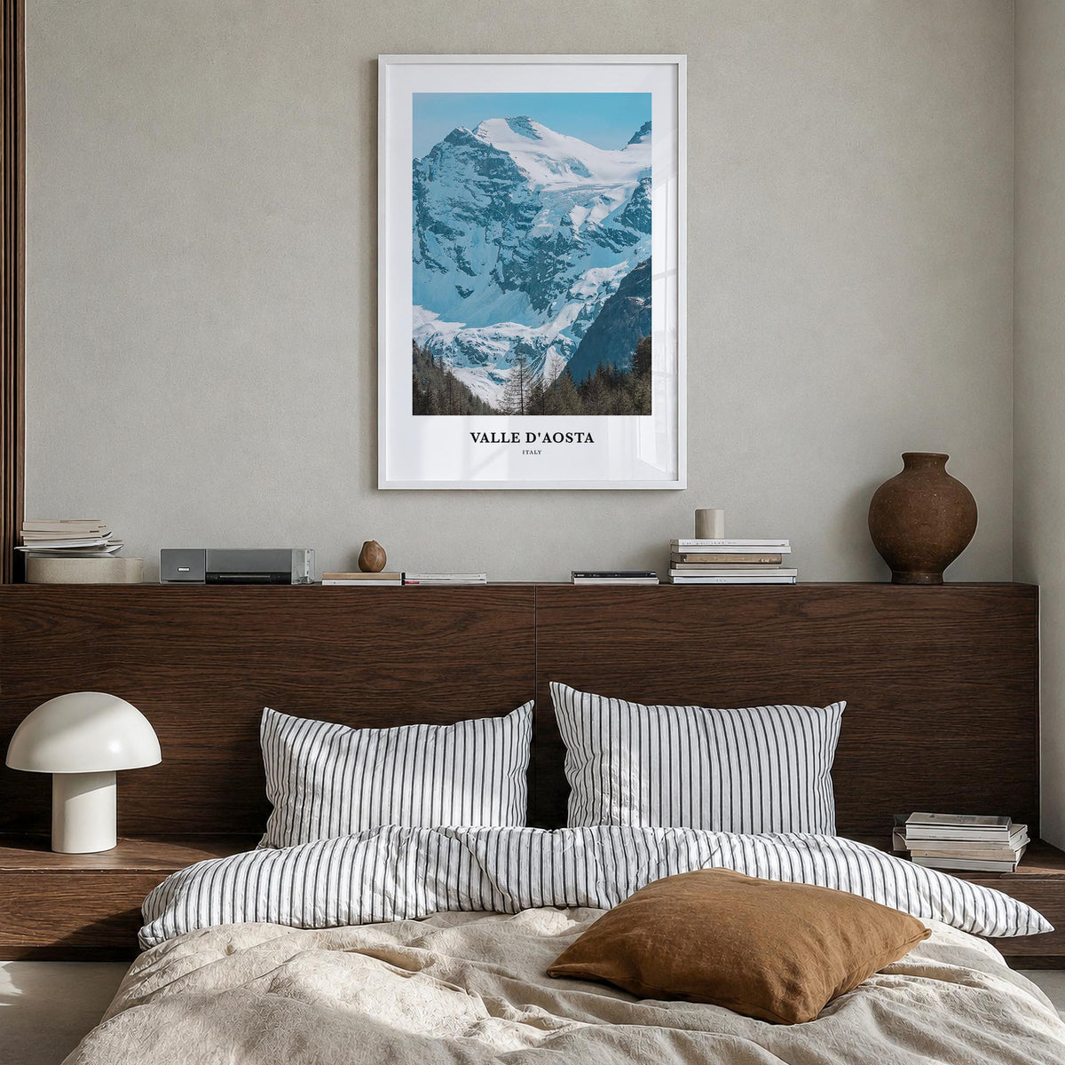 Valle d'Aosta colorful classic poster of Italy – vertical wall art in white wood frame, hanging on wall