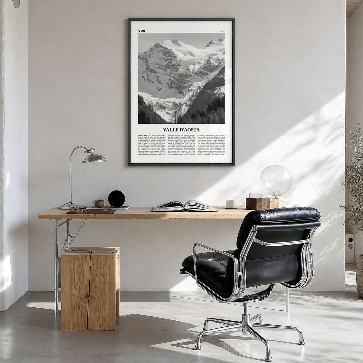 Valle d'Aosta Newspaper Poster in a black wood frame, hanging in a bright home office