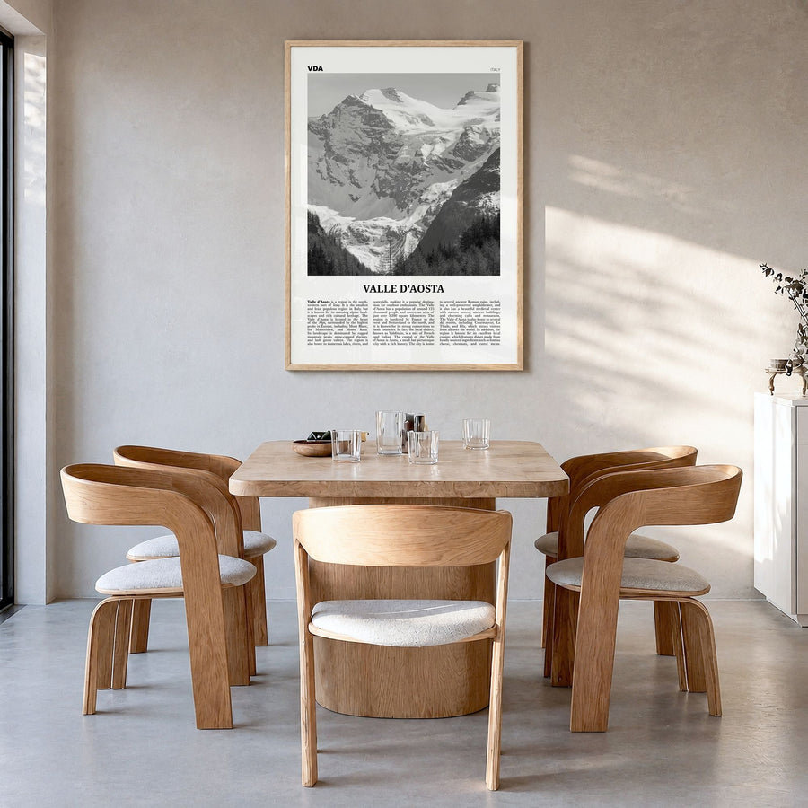 Valle d'Aosta Newspaper Poster in a natural wood frame, hanging in a dining room