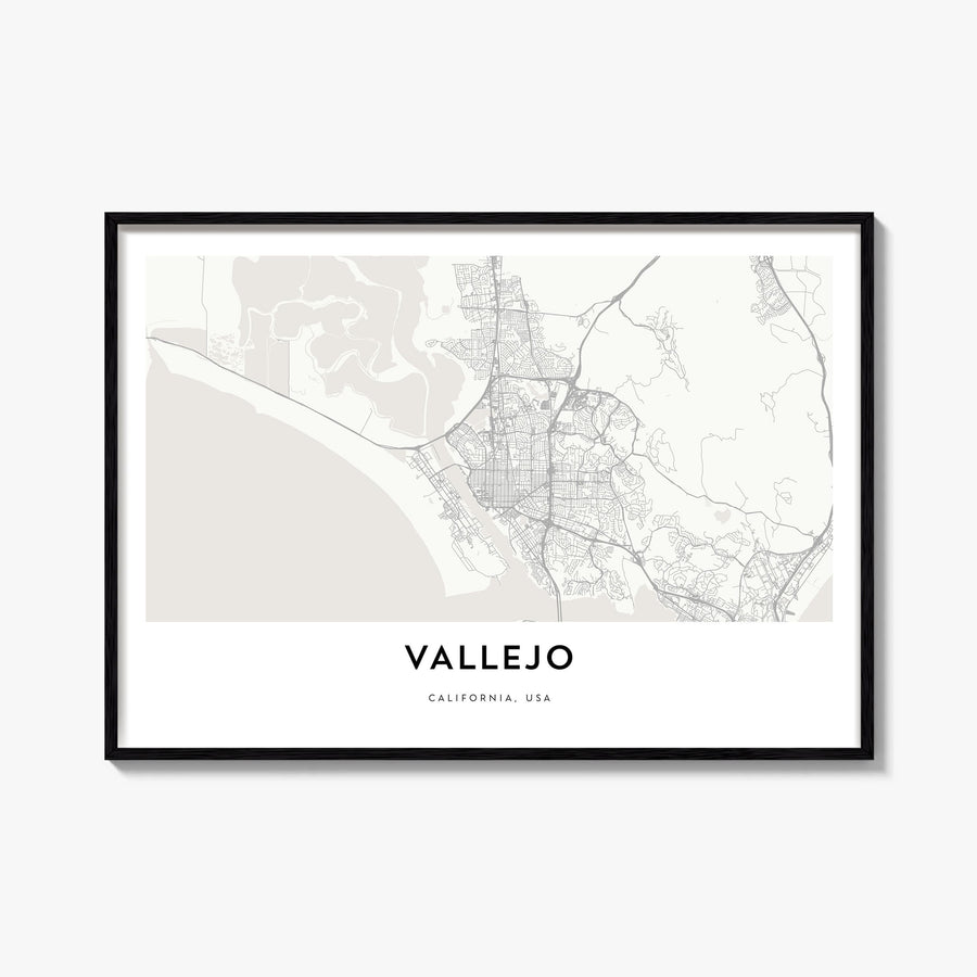 Vallejo black & white map poster of California, USA – horizontal wall art, unframed print shown in interior mockup