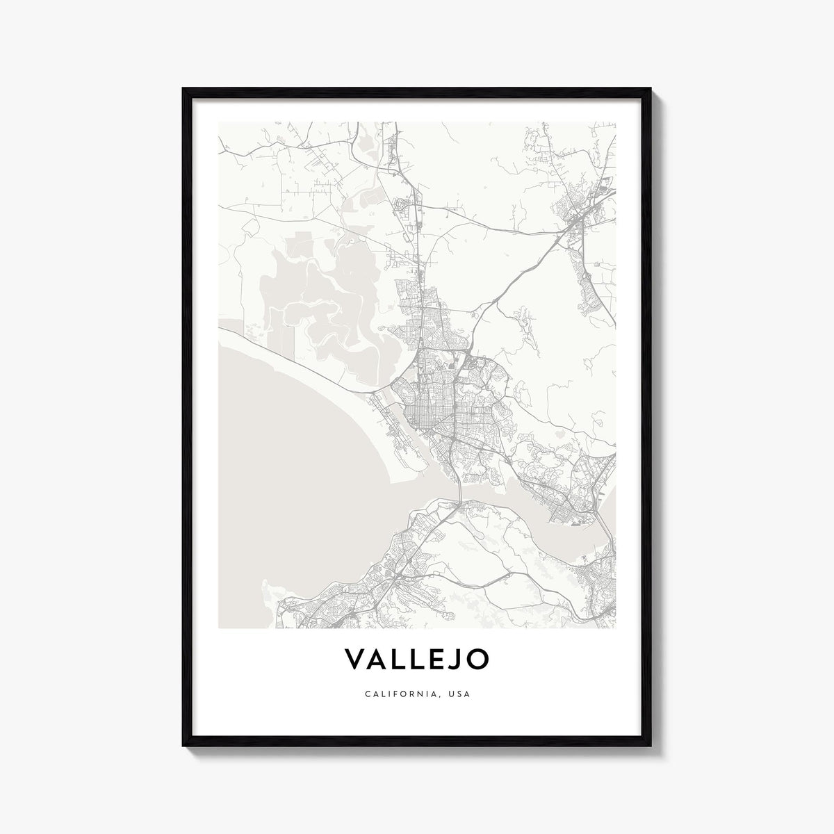 Vallejo black & white map poster of California, USA – vertical wall art, unframed print shown in interior mockup