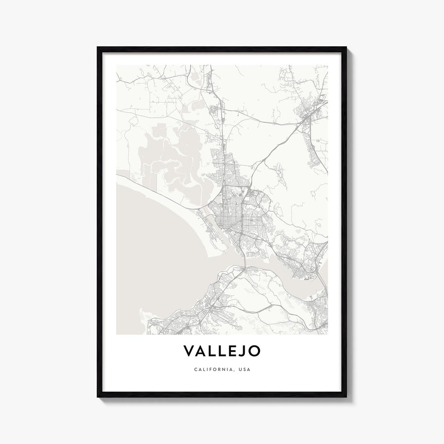 Vallejo black & white map poster of California, USA – vertical wall art, unframed print shown in interior mockup