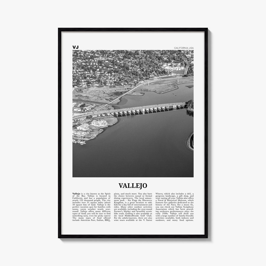 Vallejo black & white newspaper poster of California, USA – vertical wall art, unframed print shown in interior mockup