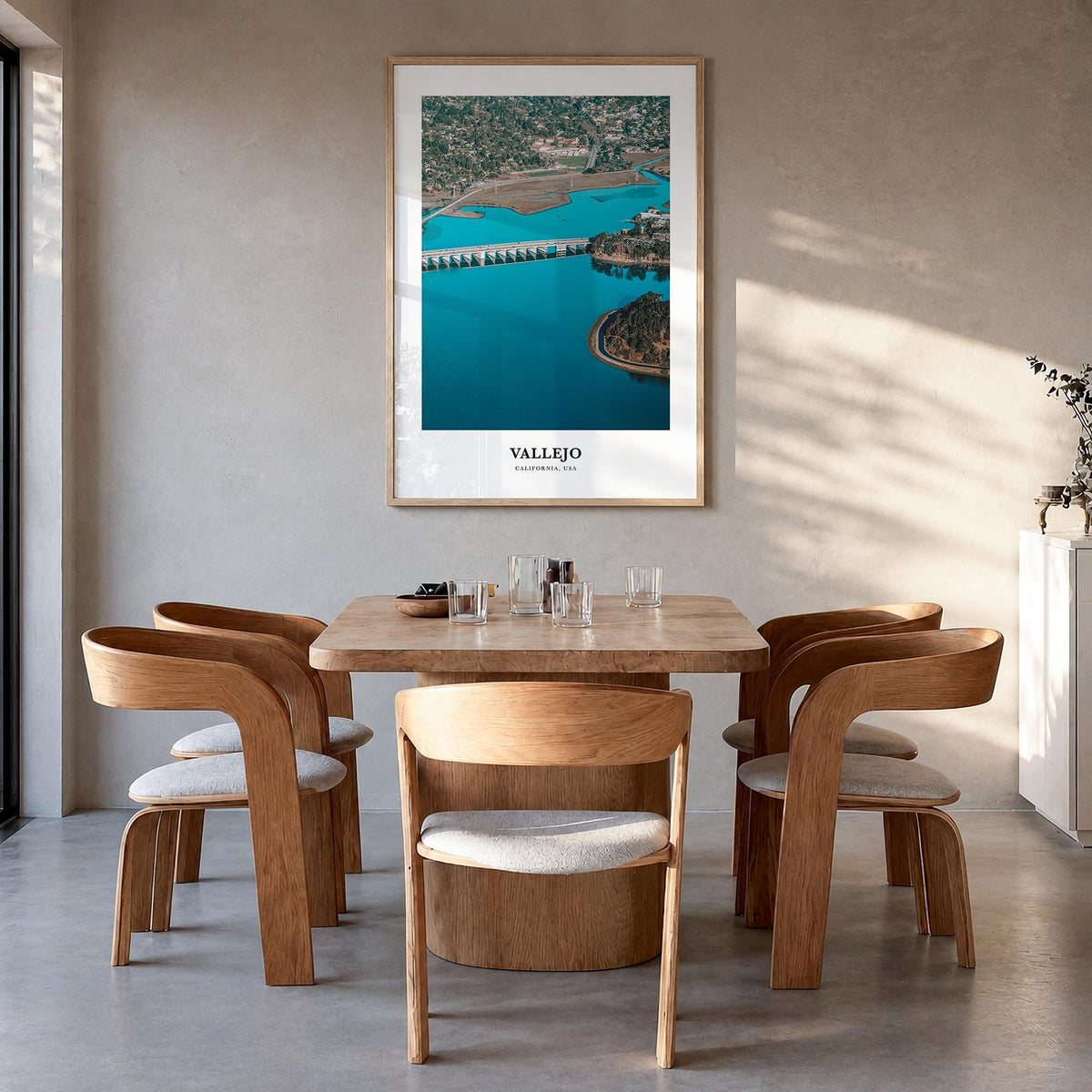 Vallejo colorful classic poster of California, USA – vertical wall art in natural wood frame, hanging on wall