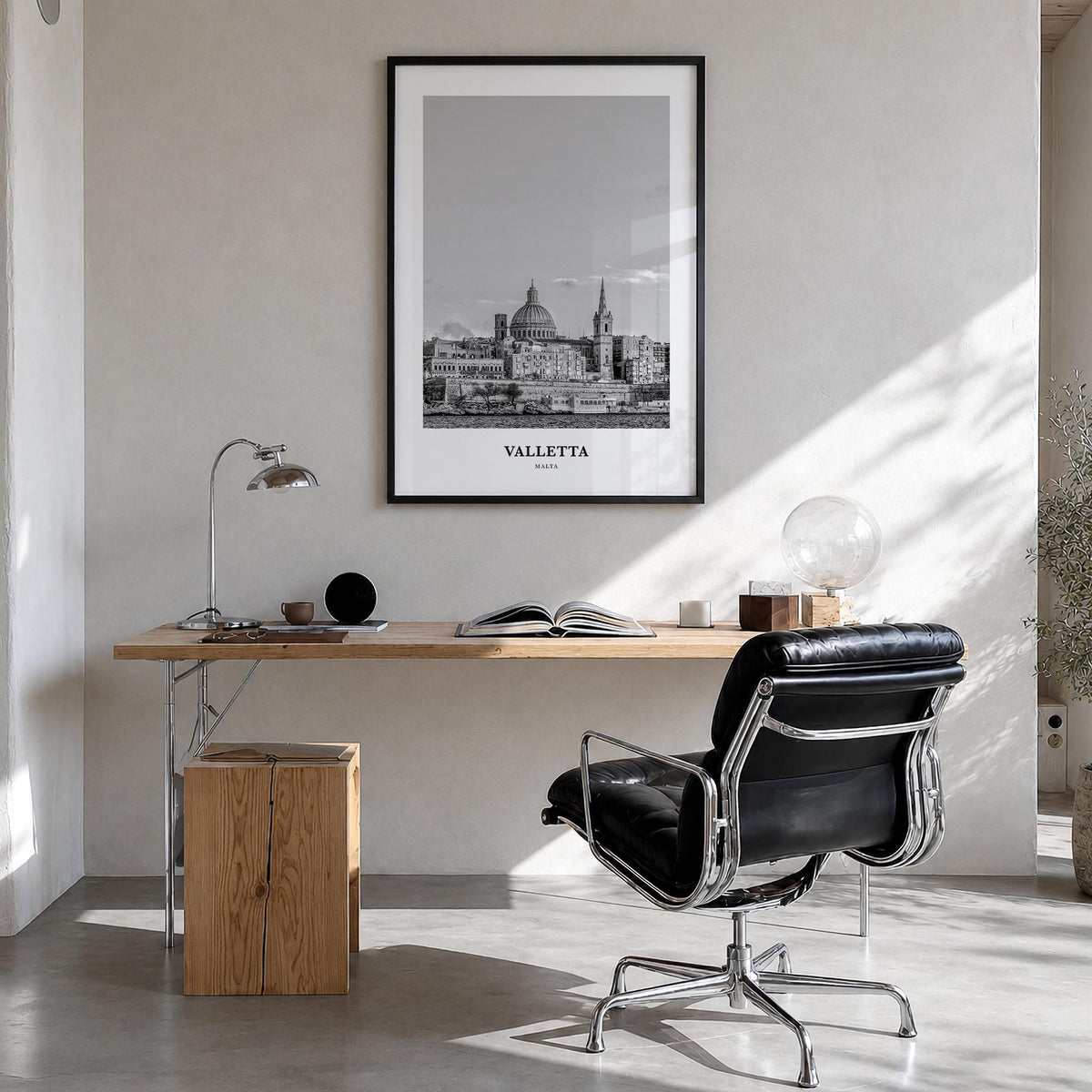 Valletta black & white classic poster of Malta – vertical wall art in black wood frame, hanging on wall