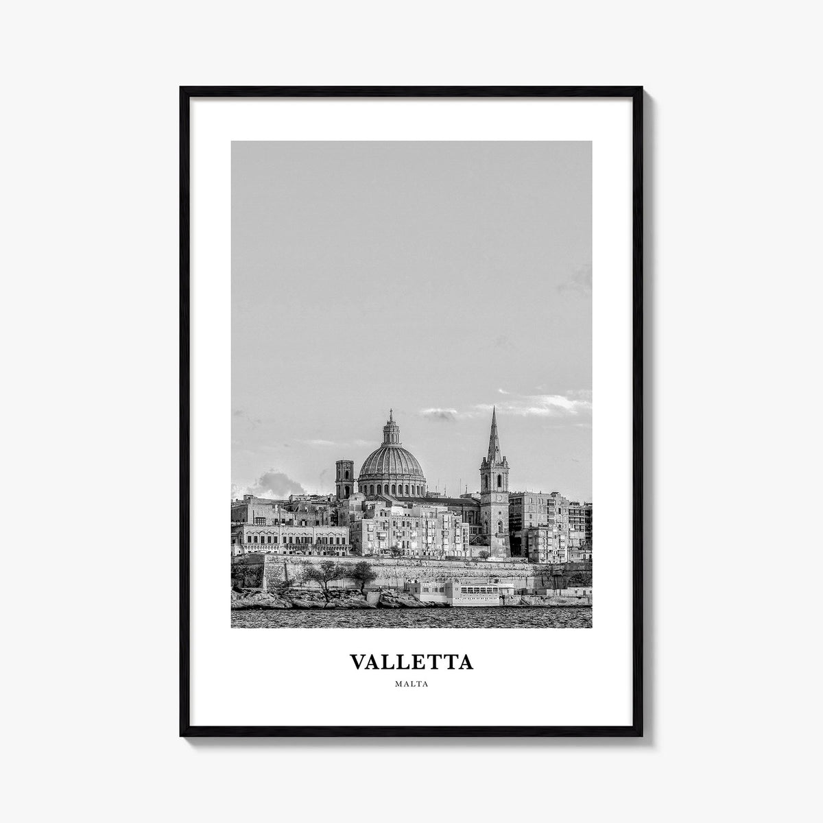 Valletta black & white classic poster of Malta – vertical wall art, unframed print shown in interior mockup