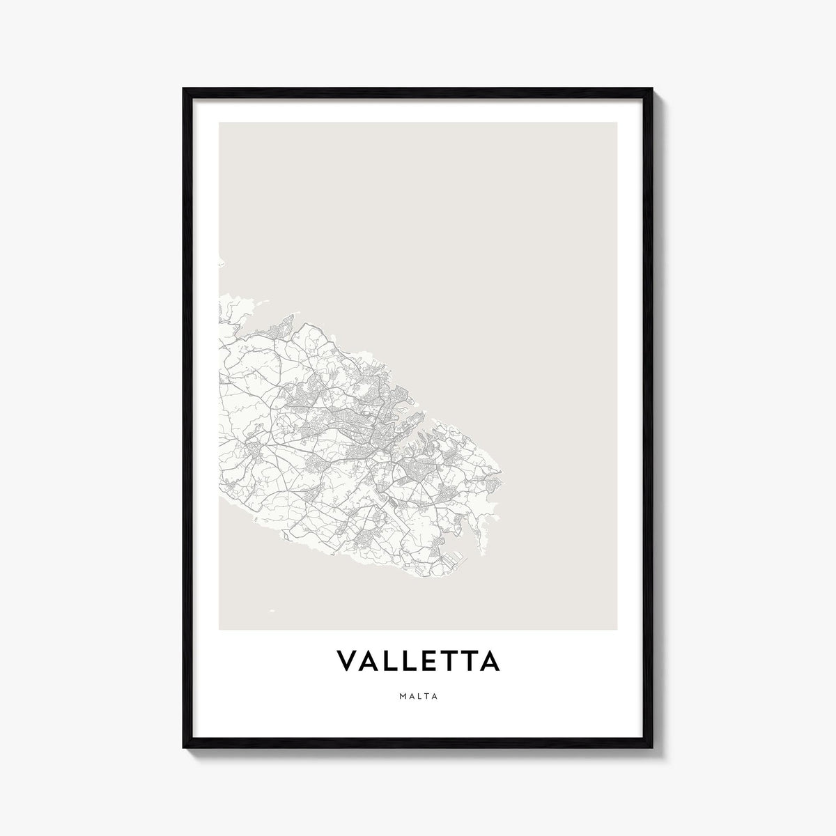Valletta black & white map poster of Malta – vertical wall art, unframed print shown in interior mockup