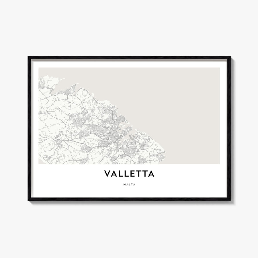 Valletta black & white map poster of Malta – horizontal wall art, unframed print shown in interior mockup