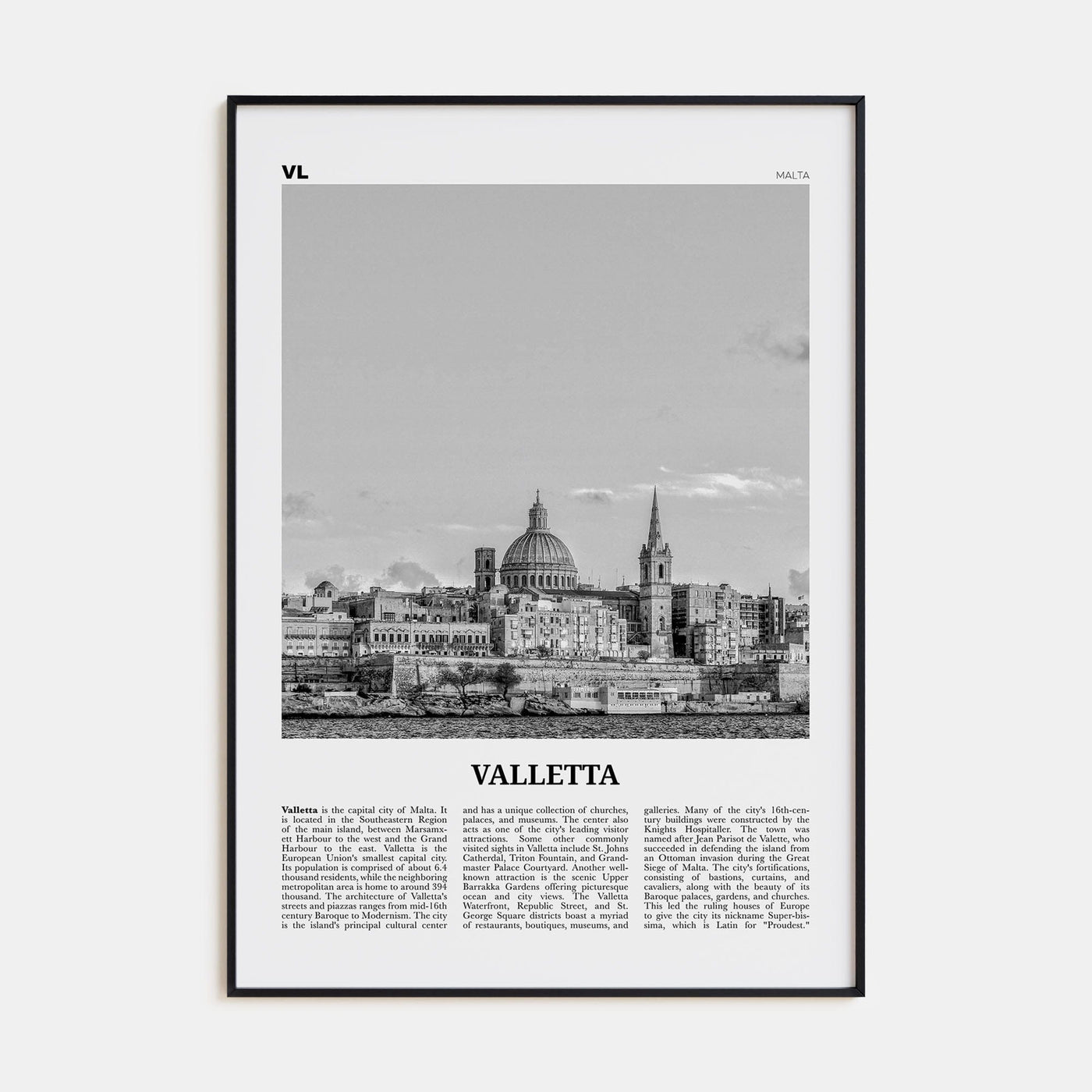 Valletta Poster Black Metal / 8x12 in Nbourhood Travel B&W Poster