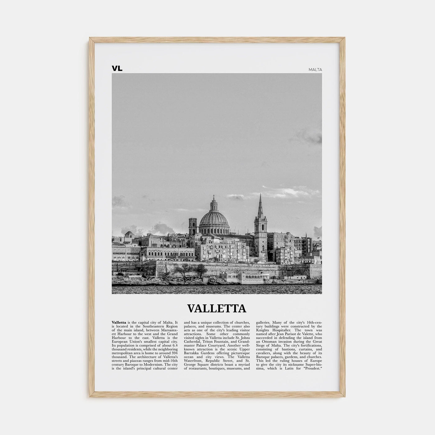 Valletta Poster Natural Wood / 8x12 in Nbourhood Travel B&W Poster