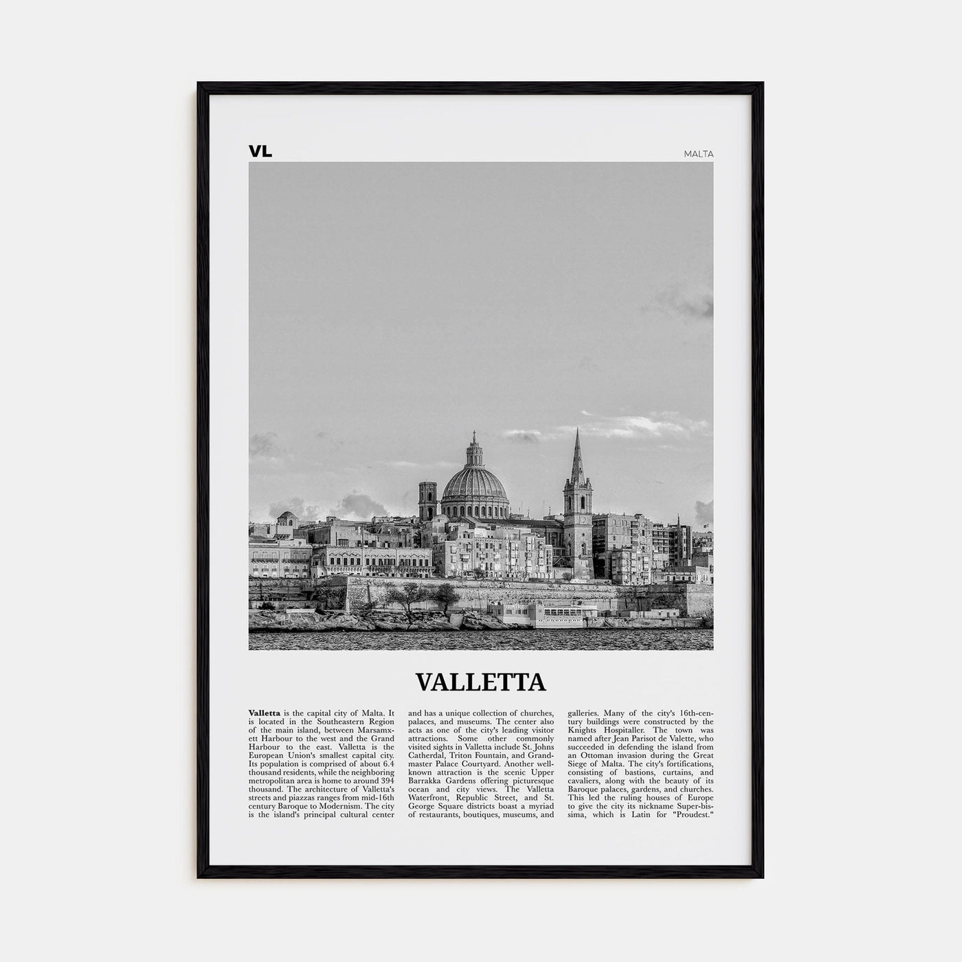 Valletta Poster Black Wood / 8x12 in Nbourhood Travel B&W Poster