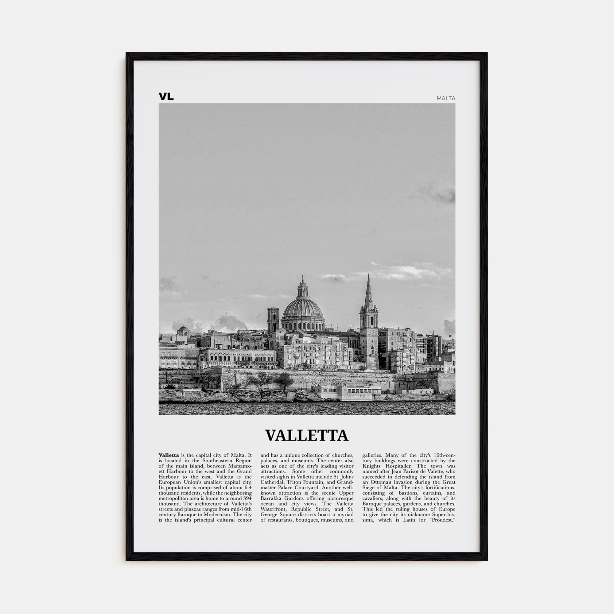 Valletta Poster Black Wood / 8x12 in Nbourhood Travel B&W Poster