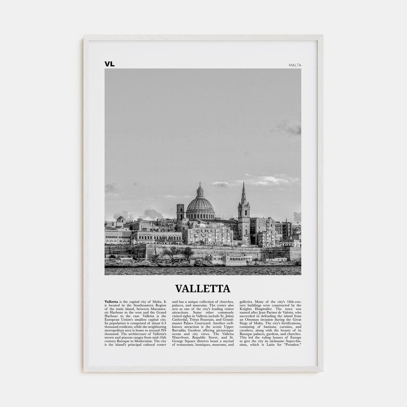 Valletta Poster White Wood / 8x12 in Nbourhood Travel B&W Poster