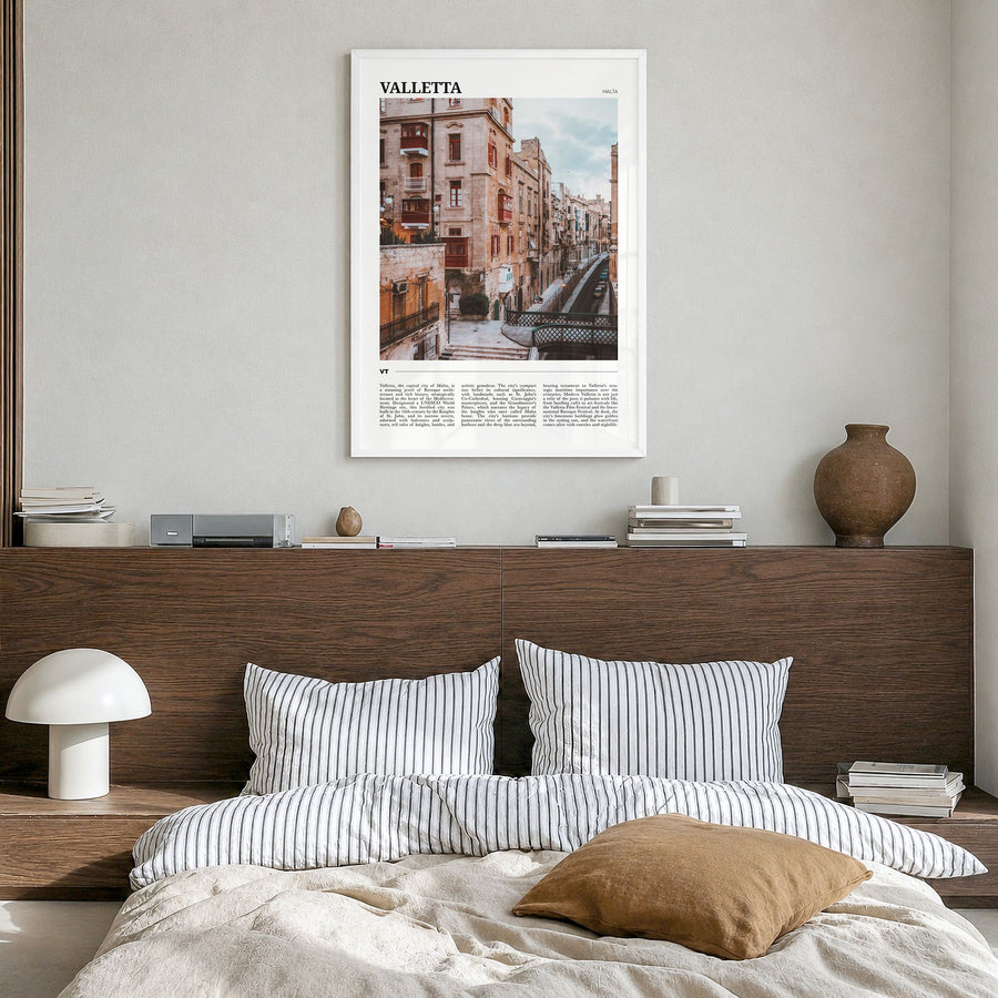 Valletta Travel Poster in a white wood frame, hanging in a bedroom