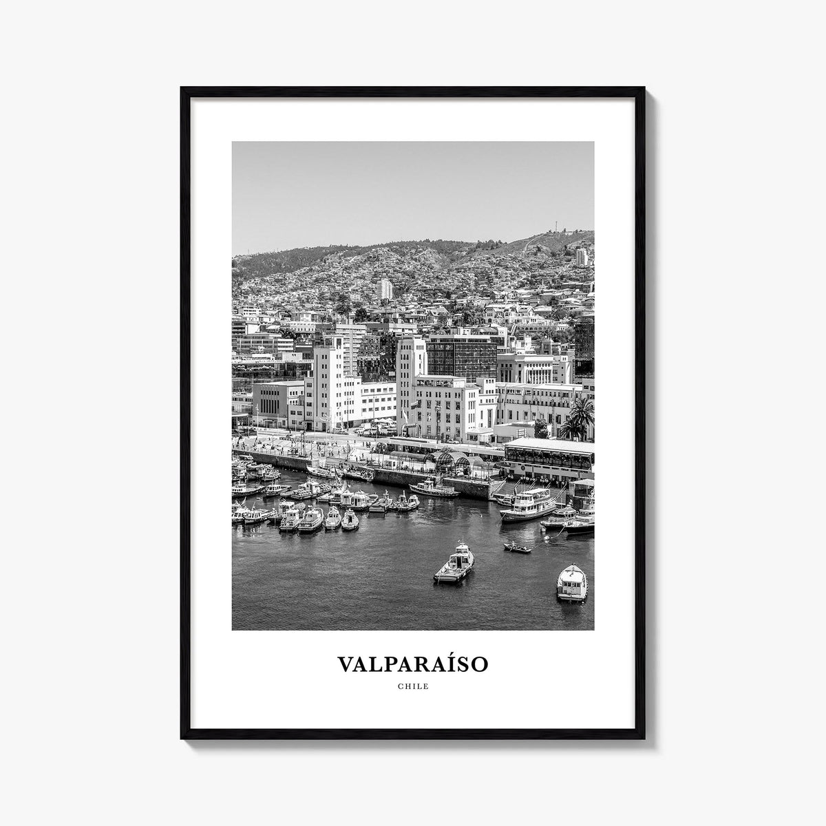 Valparaíso black & white classic poster of Chile – vertical wall art, unframed print shown in interior mockup