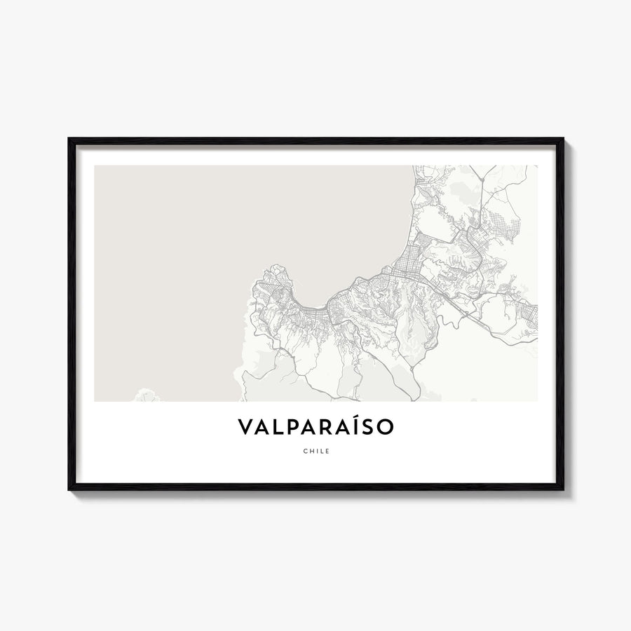Valparaíso black & white map poster of Chile – horizontal wall art, unframed print shown in interior mockup