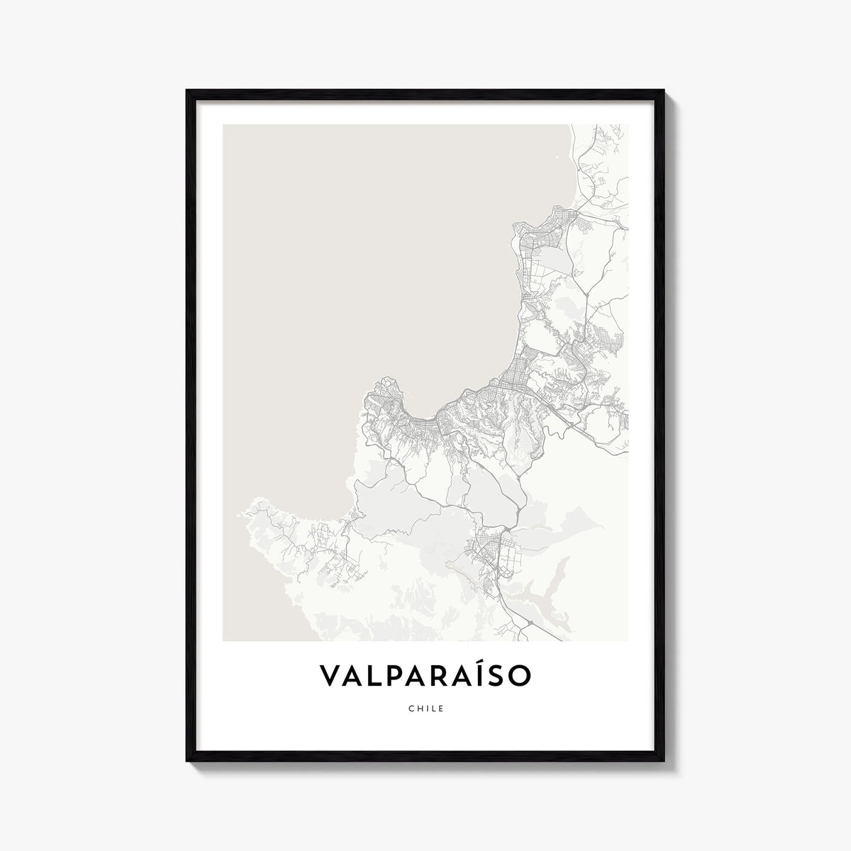 Valparaíso black & white map poster of Chile – vertical wall art, unframed print shown in interior mockup