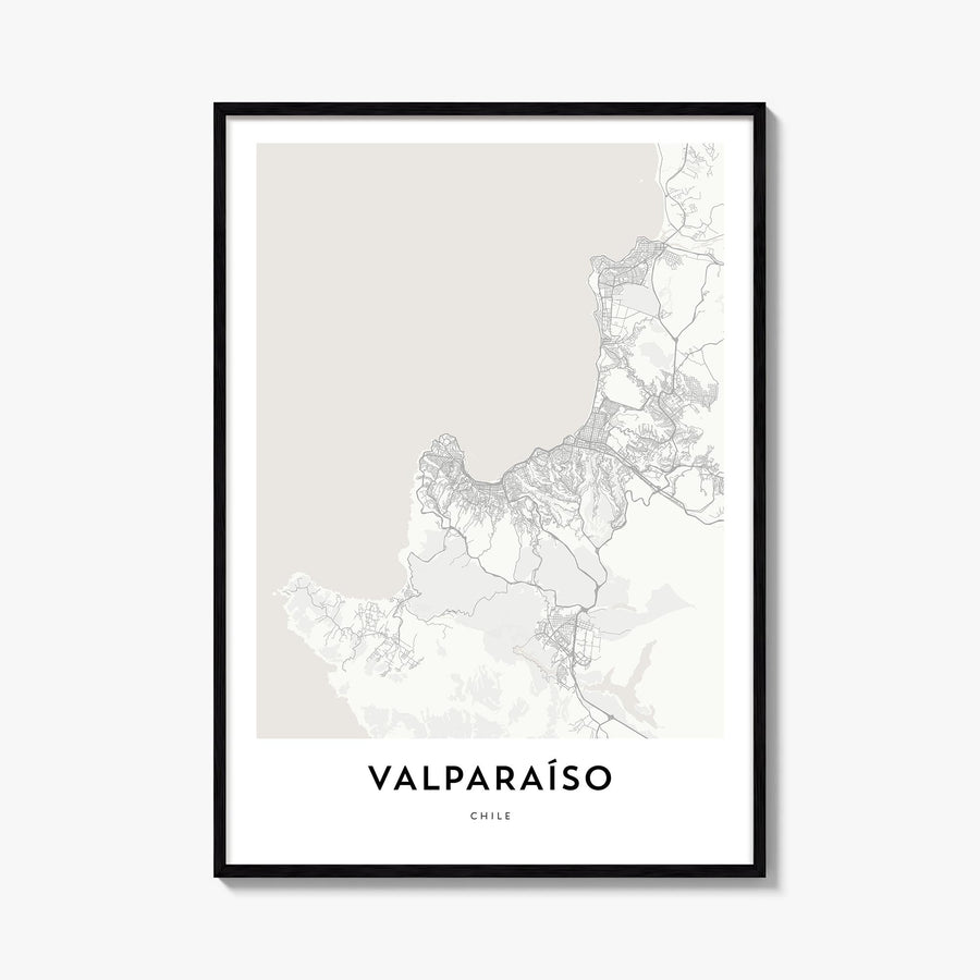 Valparaíso black & white map poster of Chile – vertical wall art, unframed print shown in interior mockup