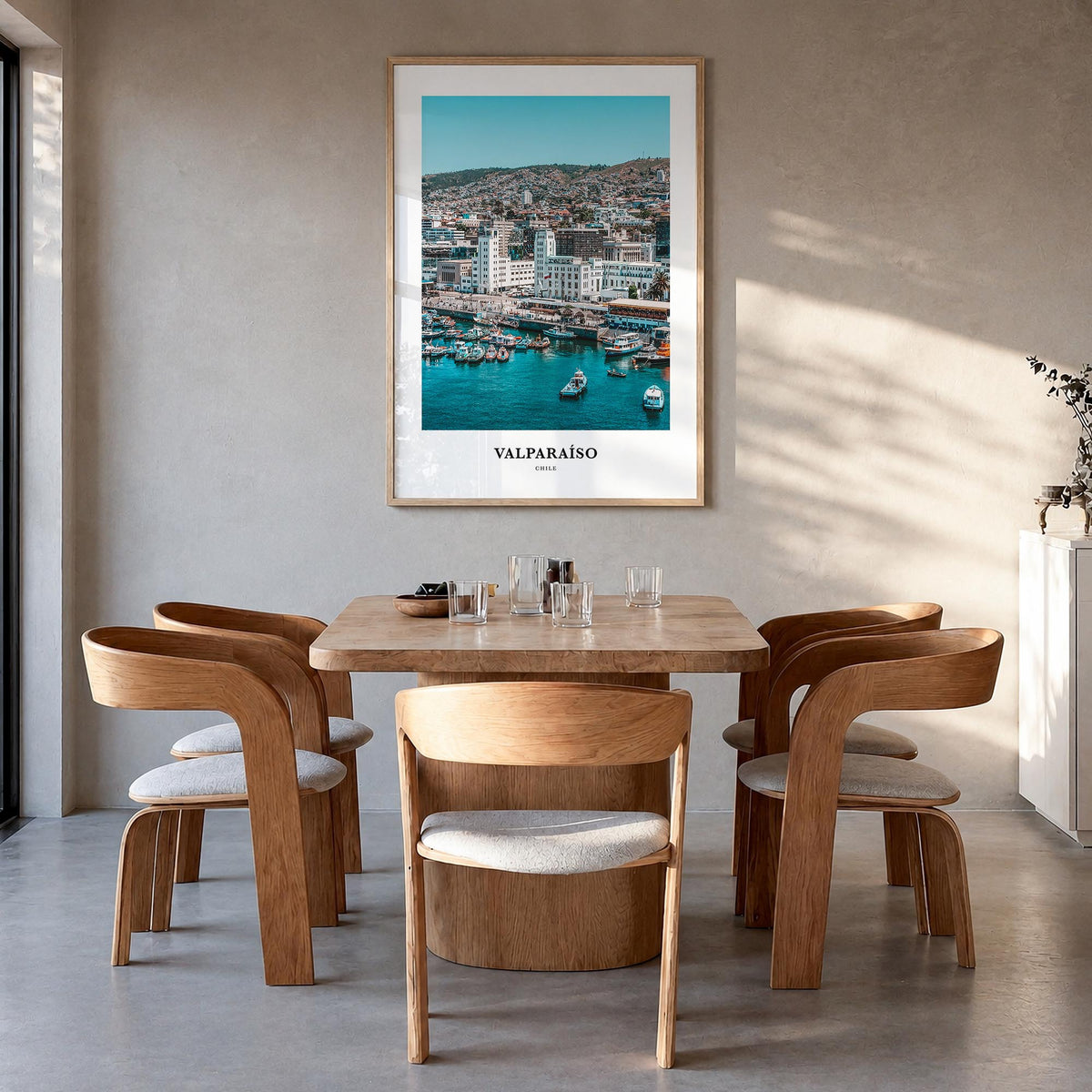 Valparaíso colorful classic poster of Chile – vertical wall art in natural wood frame, hanging on wall