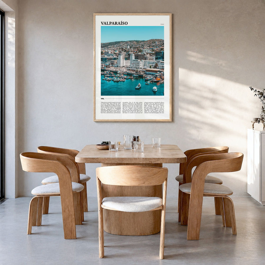 Valparaíso Travel Poster in a natural wood frame, hanging in a dining room