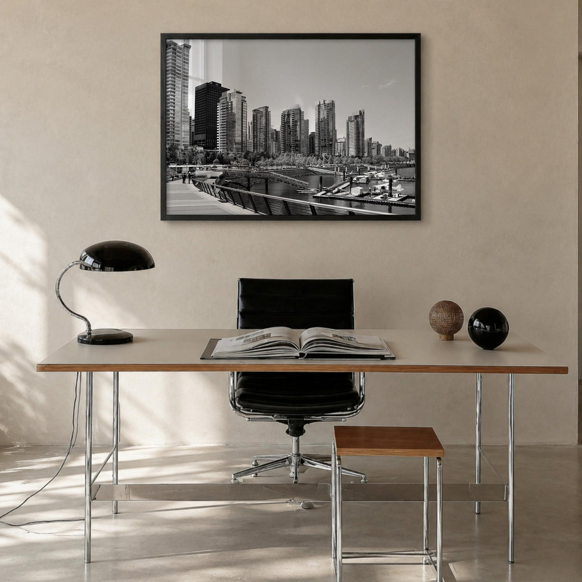 Vancouver, Canada black & white photo poster of Canada – horizontal wall art in black wood frame, hanging on wall