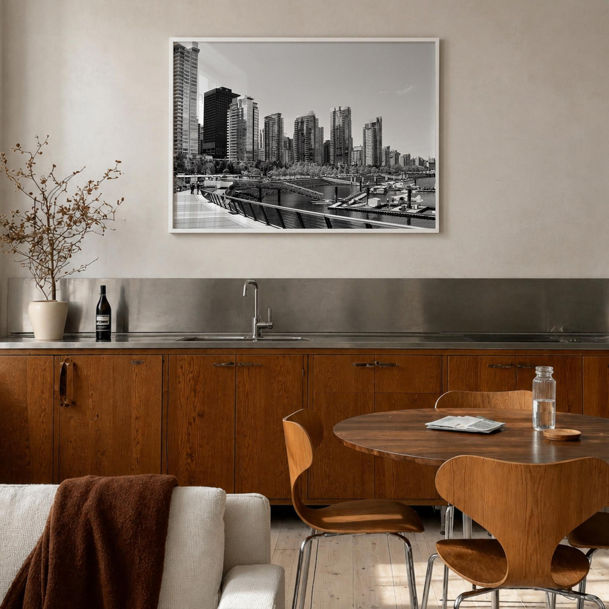 Vancouver, Canada black & white photo poster of Canada – horizontal wall art in white wood frame, hanging on wall